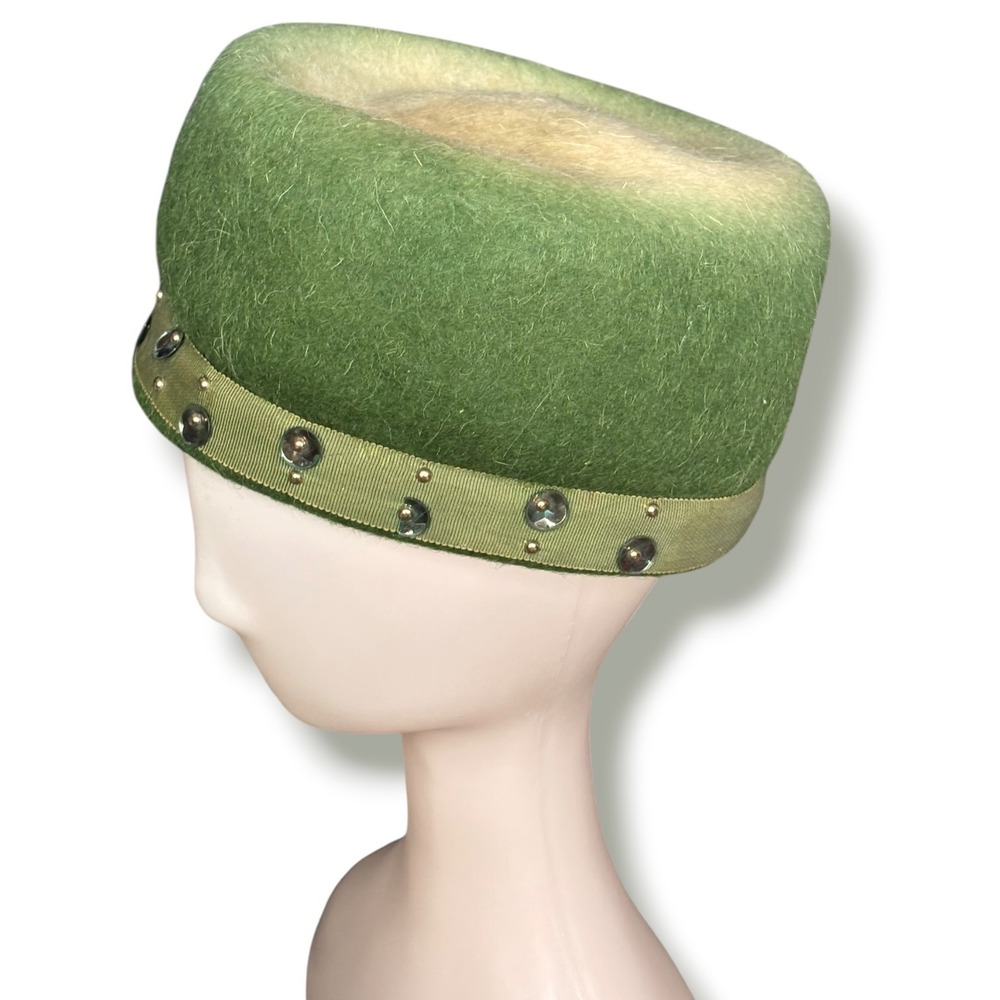 Melo Ombre Cinderella New York Vintage Green Wool Felt Rhinestone Pillbox Hat